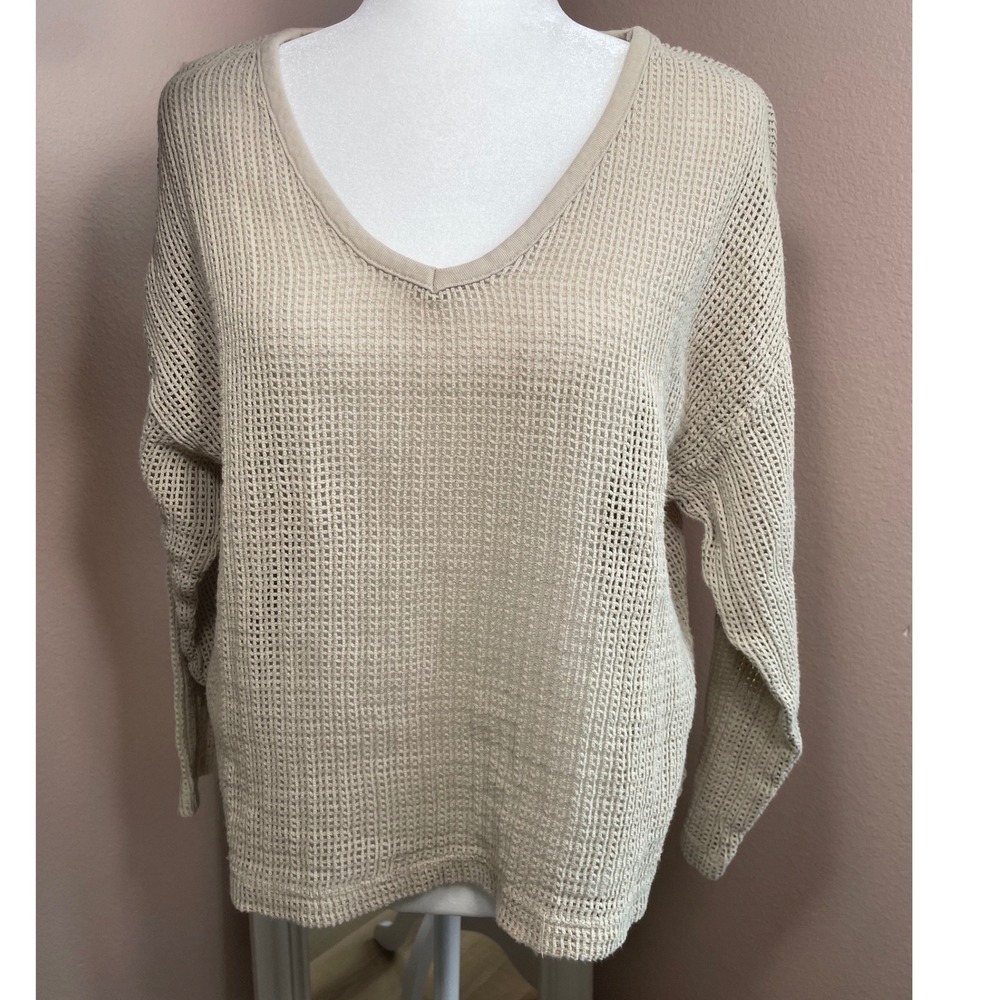 Chicos Open Knit V-Neck Cotton Sweater Beige Tan Size 1 Medium
